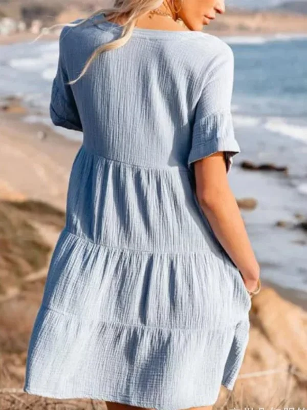 Cotton-linen paneled pleated loose-fitting fashion dress