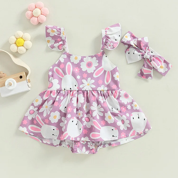 Baby Girl Summer Rabbit & Floral Print Bodysuit with Hairband