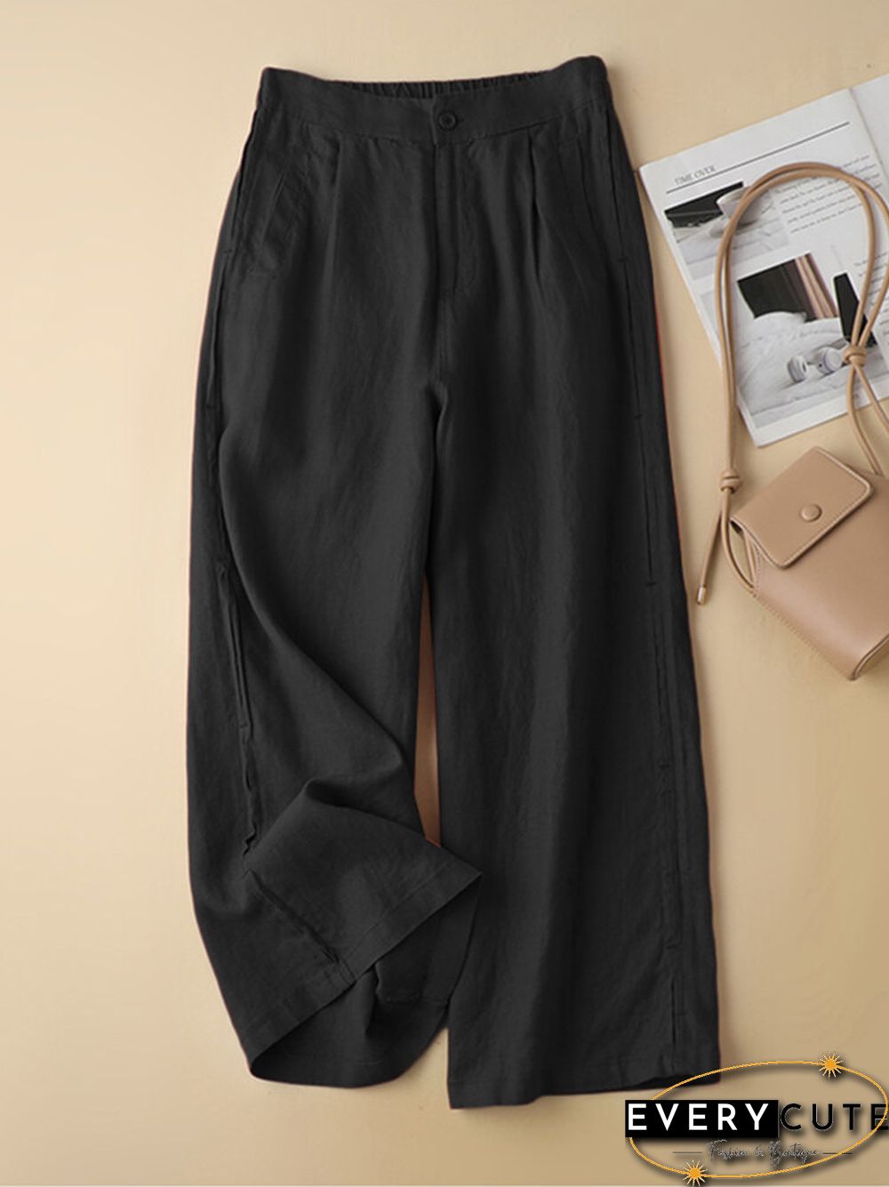 Solid Pocket Elastic Waist Straight Leg Casual Pants