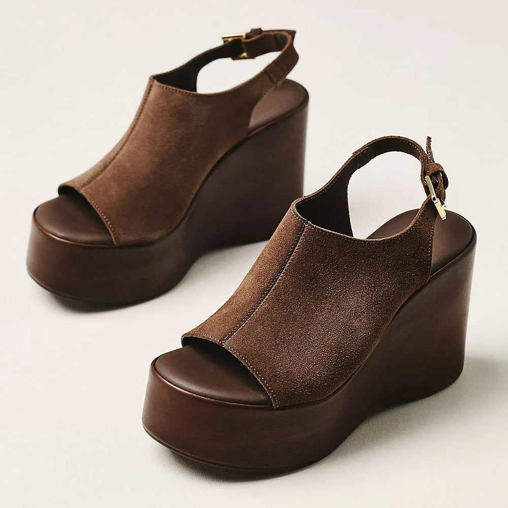 Dark Brown Vegan Suede Wedge Heel Slingback Platform Sandals Nicepairs