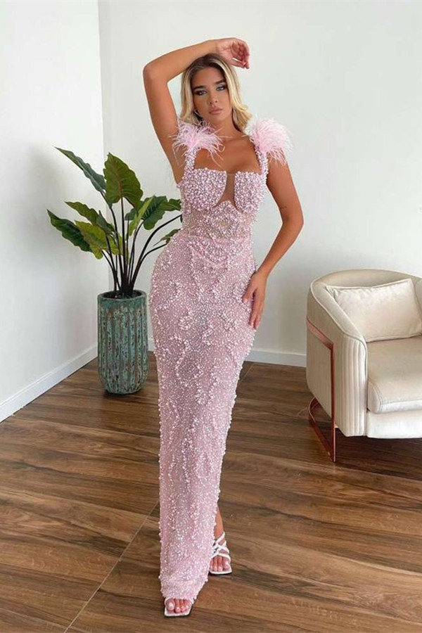Luluslly Pink Straps Prom Dress Mermaid Pearls Beads With Feather