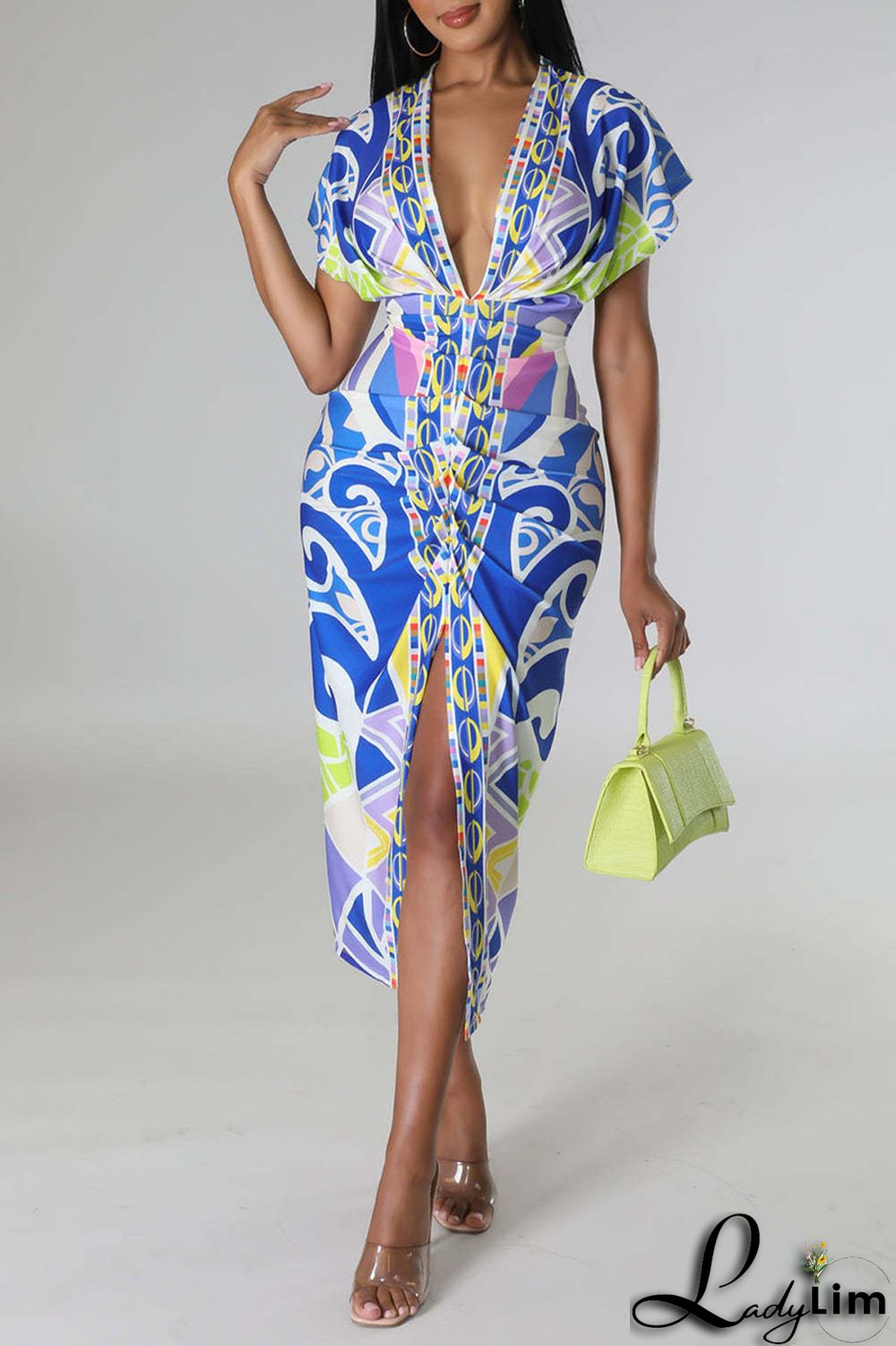 Royal Blue Sexy Print Patchwork Fold V Neck One Step Skirt Dresses