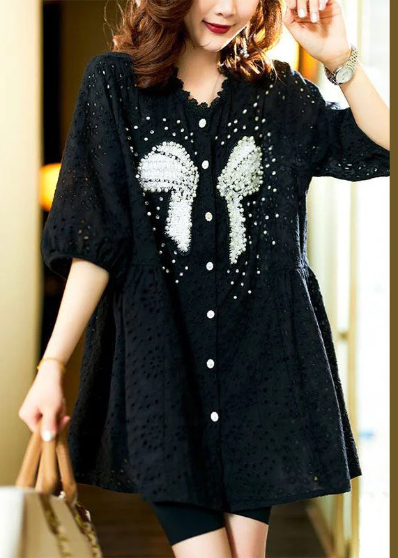 5.30Italian Black Hollow Out Nail Bead Patchwork Cotton Shirt Top Summer