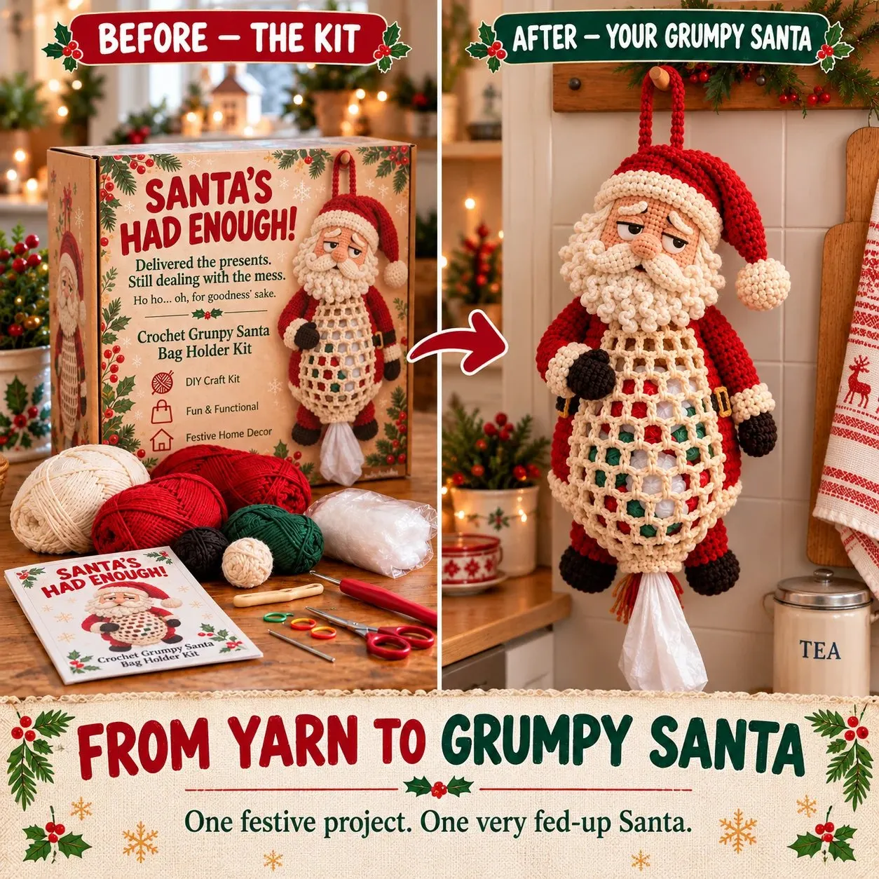 Before and after view of the Santa crochet kit becoming a finished hanging bag holder