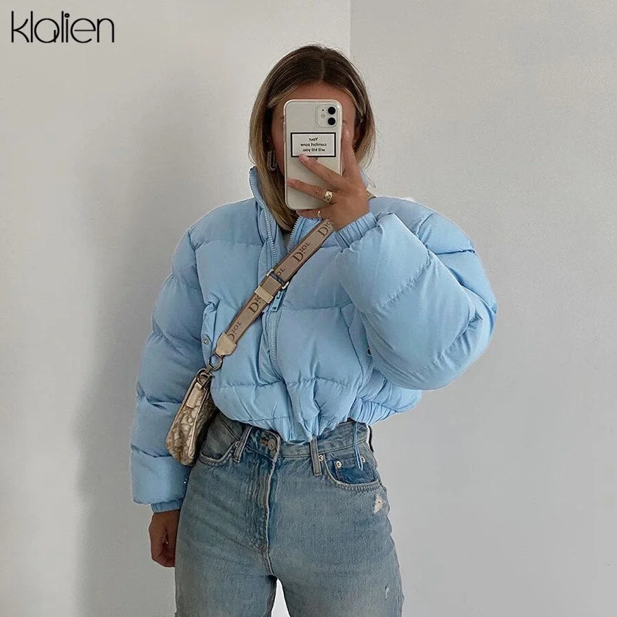 KLALIEN Winter Fashion Solid Padded Jacket Women Simple Zipper Thicken Short Coat 2021 New Slim Office Lady Warm Streetwear