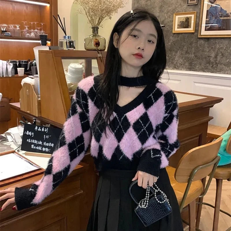 OLCooL 2024 Fall Fashion Korean Fashion Plaid Sweater Women Harajuku Sweet Pink Sexy V Neck Pullover Kpop Long Sleeve Knitted Tops Autumn Winter olcool