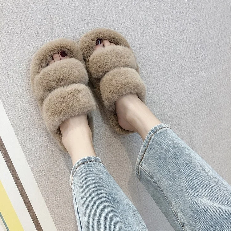 Women Fur Slippers Furry Fuzzy Home Slippers Ladies Slip on Indoor Slides Soft Thick Bottom Fluffy Slippers Warm Shoes Flats New