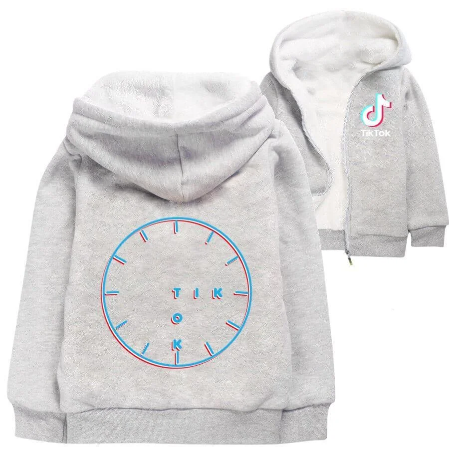 Buzzdaisy Tik Tok Clock Print Girls Boys Zip Up Lined Cotton Hooded Jacket