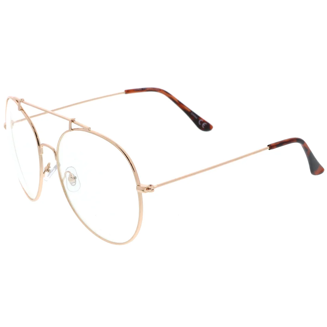 Classic Oversize Metal Frame Slim Temple Crossbar Clear Lens Round Eyeglasses 59mm