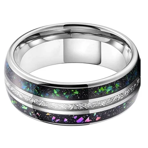 6MM 8MM Women's Or Men's Tungsten Carbide Wedding Matching Rings Silver Tone Meteorite with Multi Color Rainbow Opal Inlay Organic Colors
