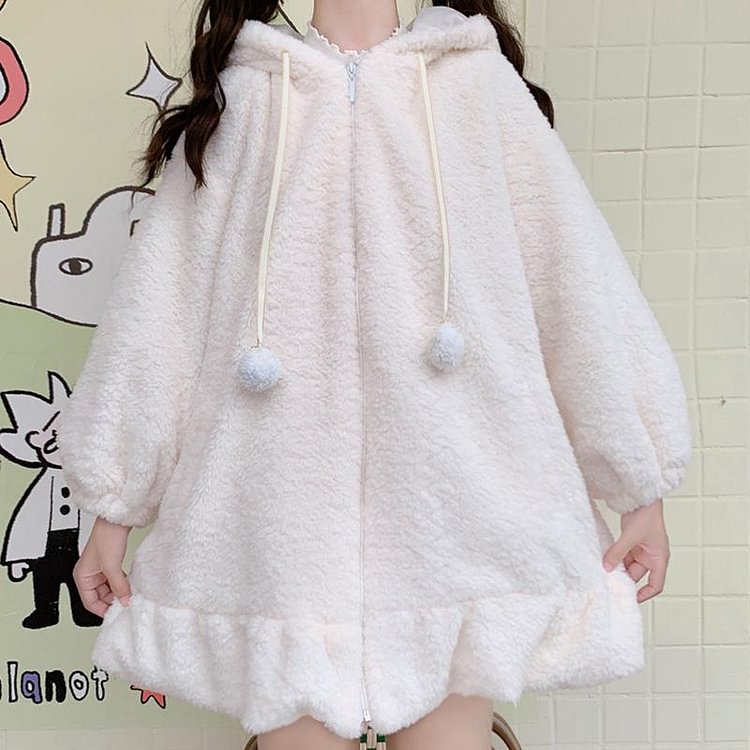 Bunny Ears Ruffle Plush Hooded Coat