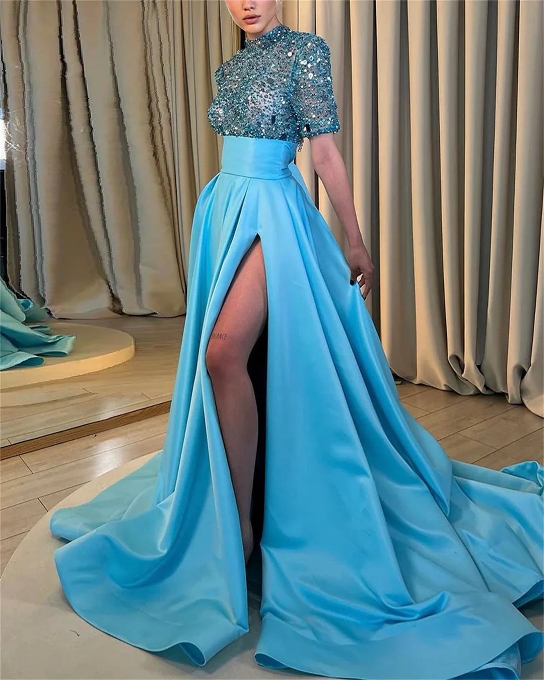 Women's Blue Slit Sequin Short Sleeve Dress