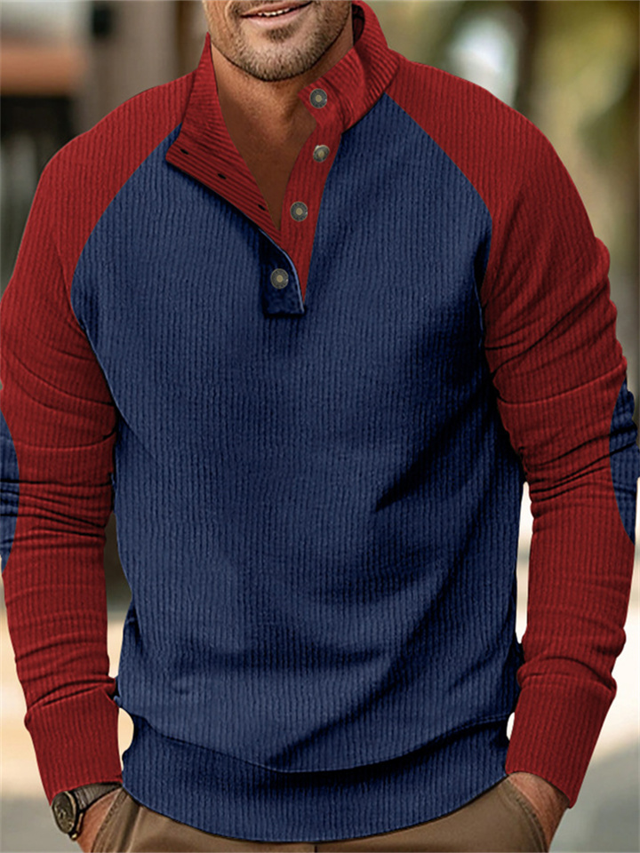 Men's New Personalized Casual Collar Long-sleeved Corduroy Colorblocking Pullover Sweater