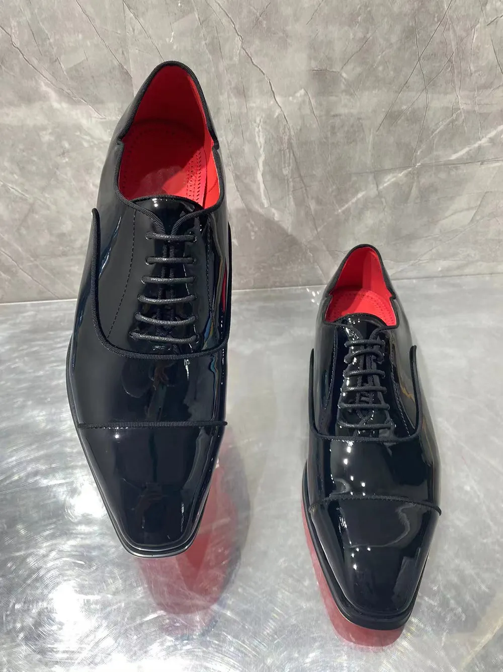 Gentleman's Lace-Up Prom Party Wedding Red Bottom Shoes in Patent Leather V-shaped Notches-vocosishoes