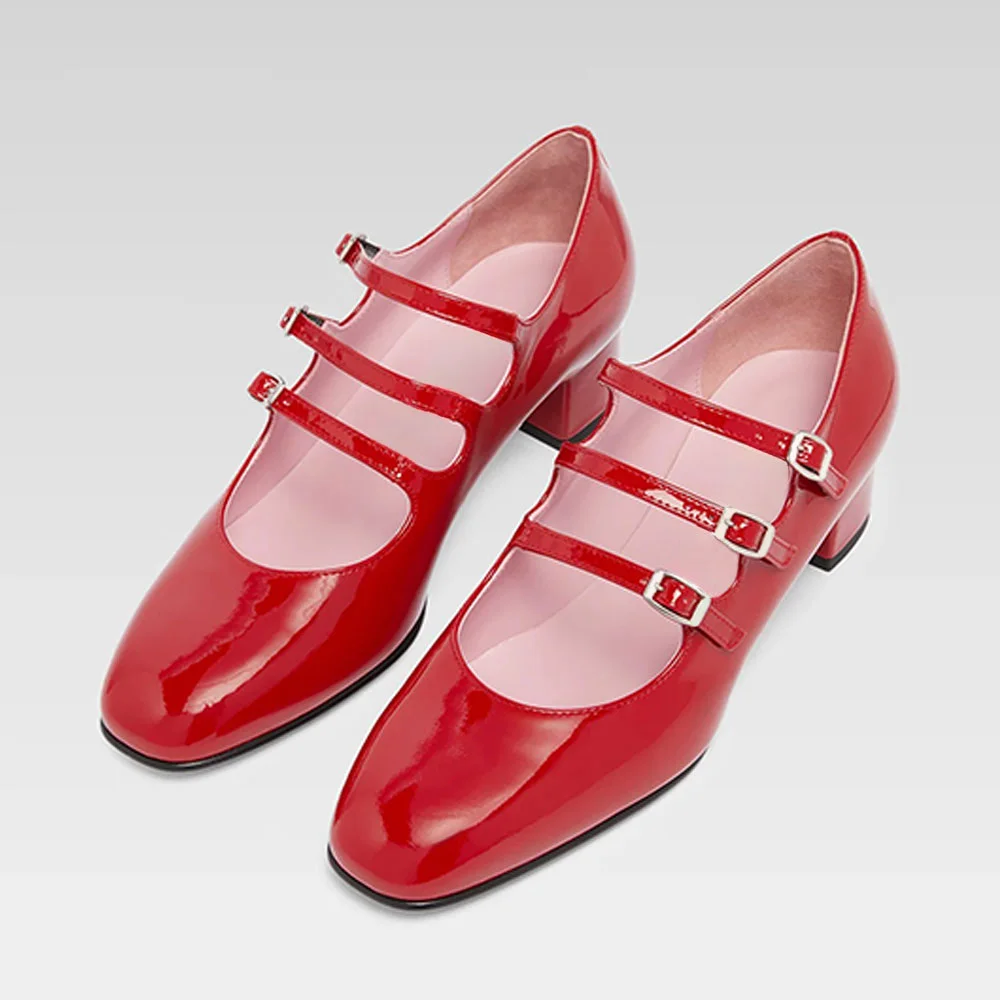 Red Square Toe Buckled Mary Jane Block Low Heel Pumps for Women