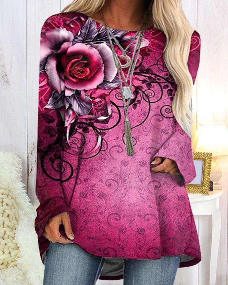Casual Style Floral Print Long Sleeve Top