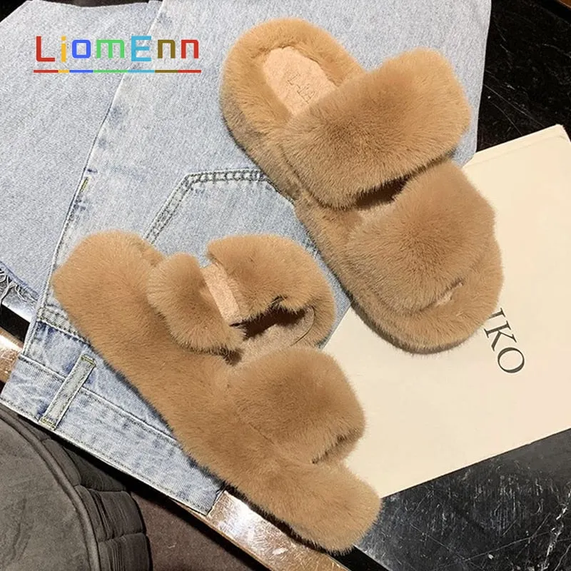 Women's fur Winter slippers 2021 Plush fluffy Home Slippers Women Cozy Soft Warm Furry Indoor House Shoes Platform Flip Flops
