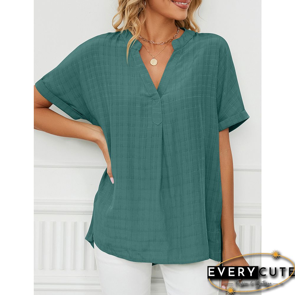 Green V Neckline Woven Pullover Tops