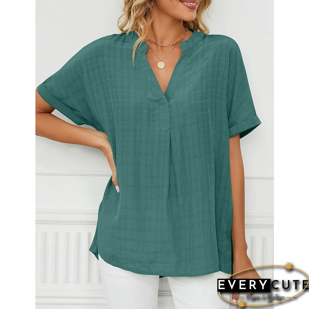 Green V Neckline Woven Pullover Tops