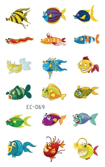 24 kinds Temporary Tattoo Stickers for Kids Cute Cartoon Tropical Fish Marine faux tatouage temporaire Disposable Children Gift