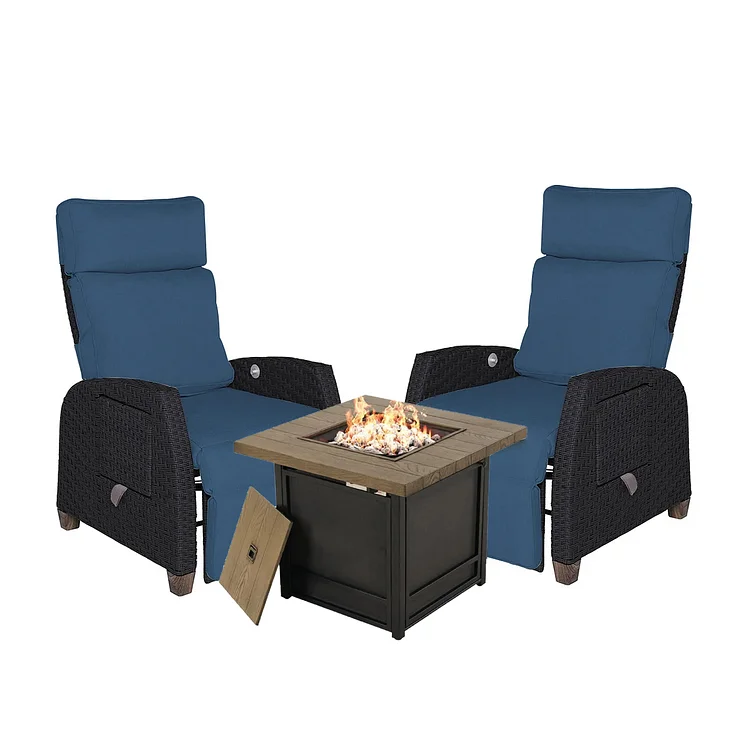 GRAND PATIO MOOR indoor and outdoor wicker extra long lounge chair with cushion and fire table set