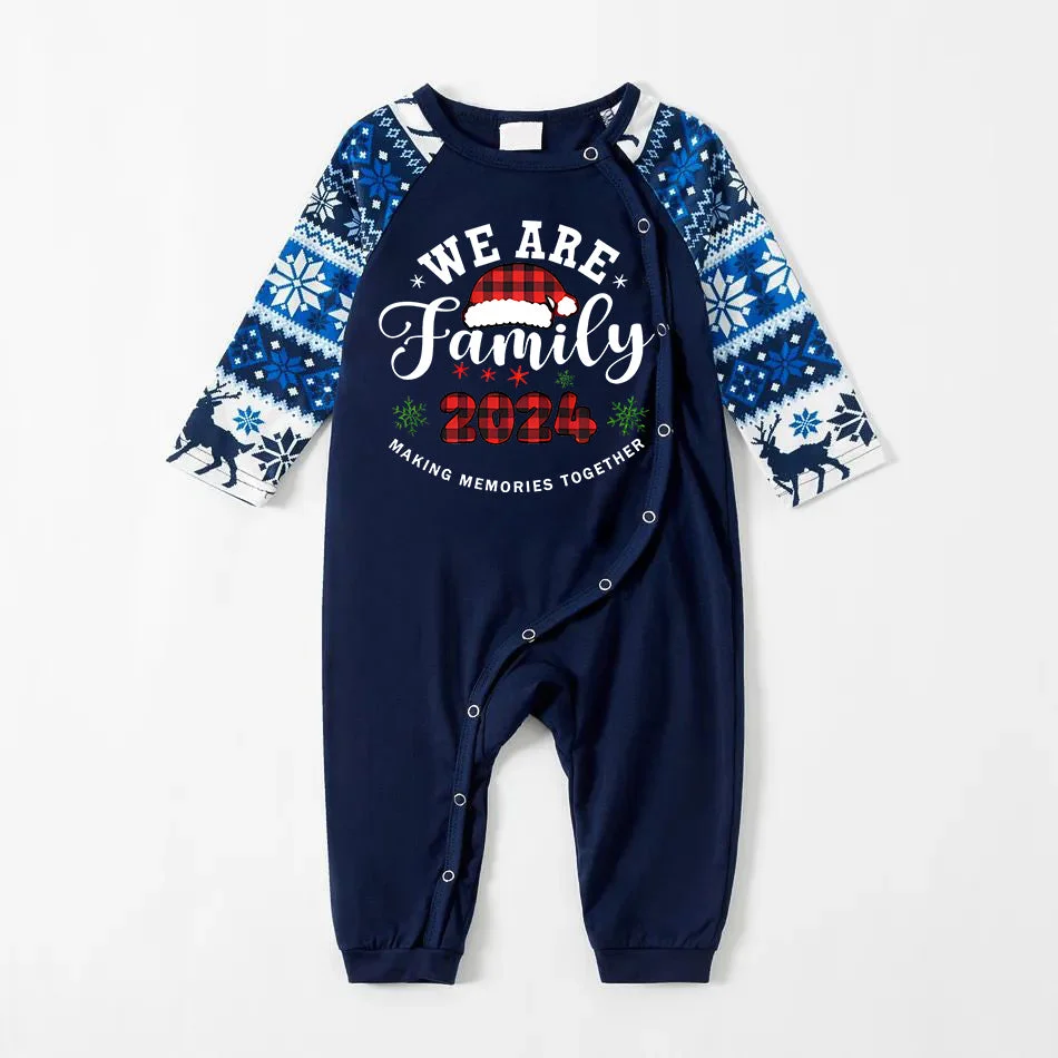 "We are Family" Santa Hat Monogram Print Letter Blue Long Sleeve Family Matching Pajamas With Dog bandana