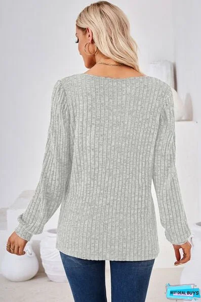 Ribbed Square Neck Long Sleeve T-Shirt