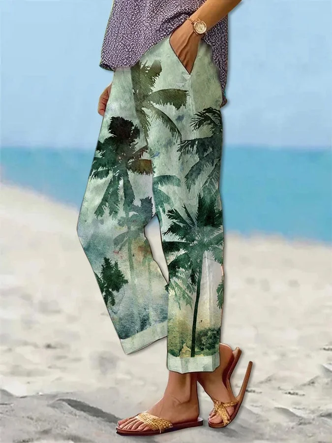 Women's Watercolor Coconut Tree Printed Cotton and Linen Casual Pants