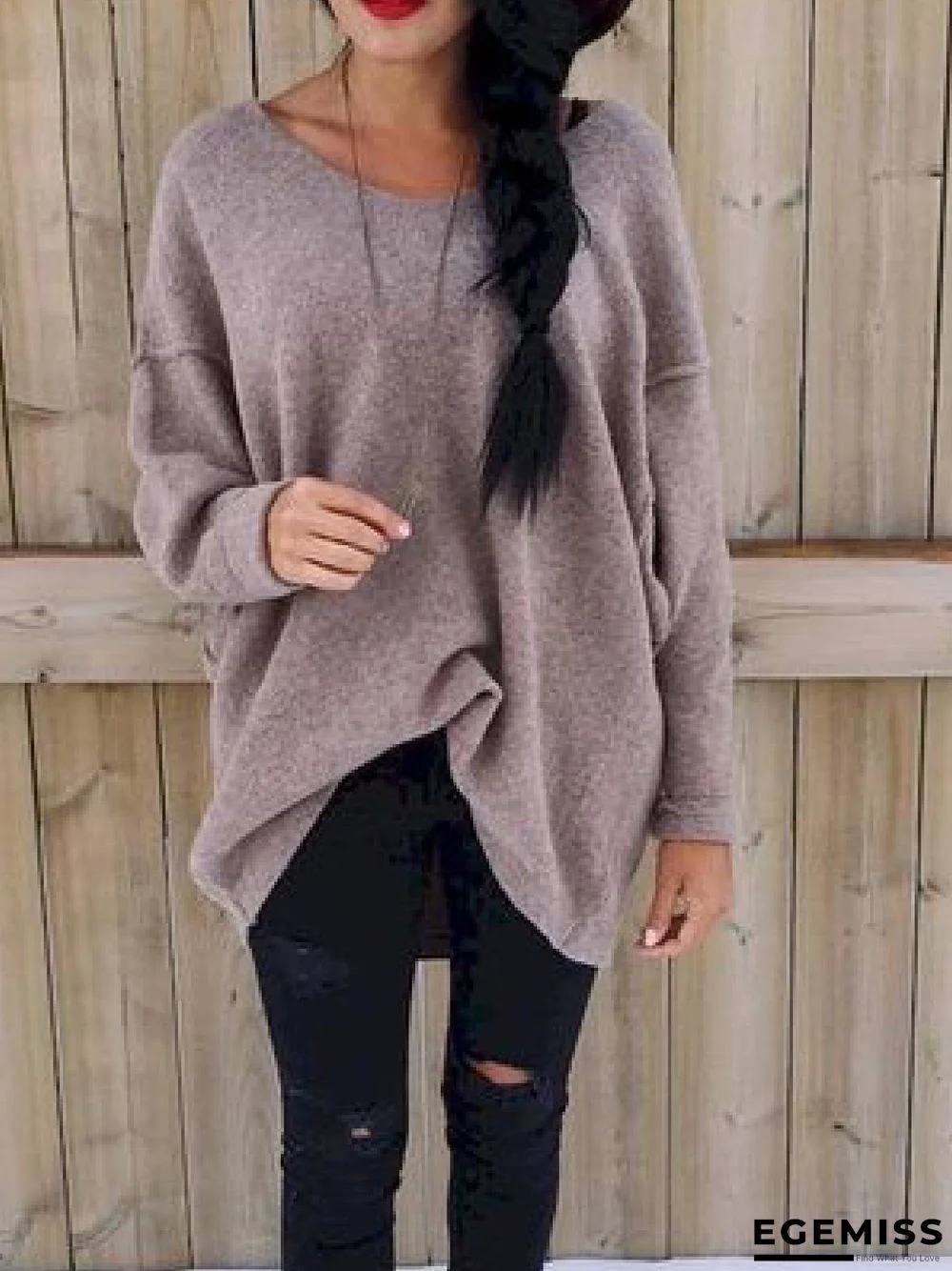 Purple Long Sleeve Round Neck Sweater | EGEMISS