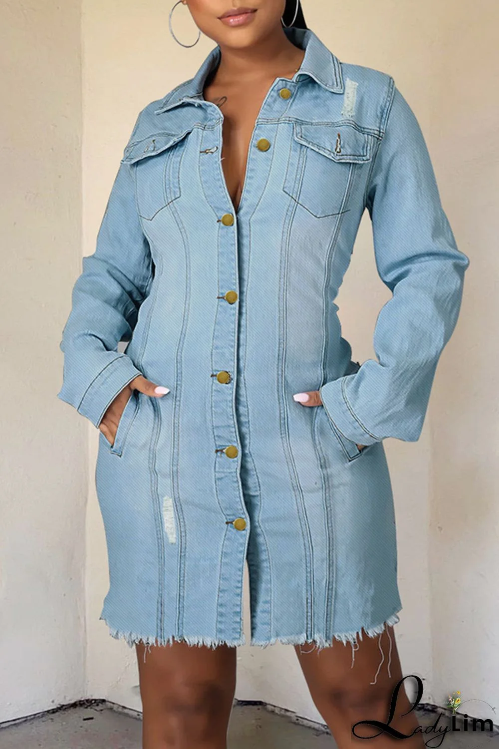 Light Color Fashion Casual Solid Ripped Patchwork Turndown Collar Long Sleeve Regular Denim Jacket