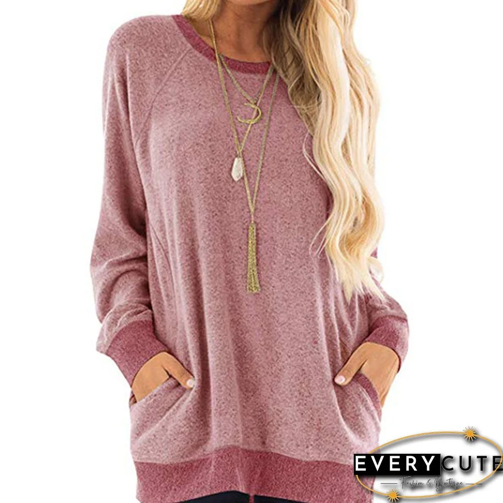 Pink Colorblock Autumn Sweatshirt with Pockets