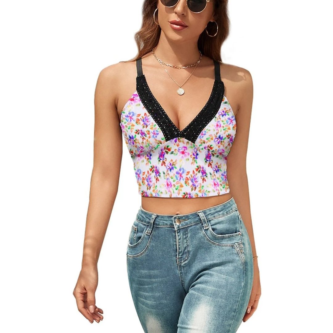 Floral Lace Sleeveless Vest Women's Sexy V-Neck Camisole Strappy Crop Cami Tops - neewho