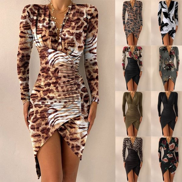Women Fashion Long Sleeve V Neck Leopard Print Pleated Bodycon Dress Slim Fit Irregular Hem Wrap Dress - Shop Trendy Women's Clothing | LoverChic
