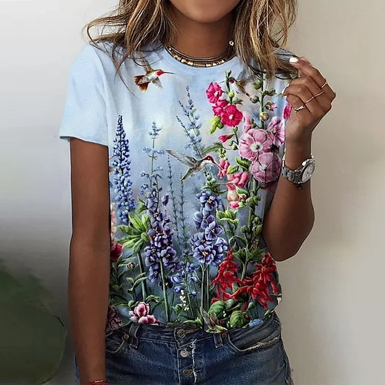 Floral Print Round Neck Casual T-Shirt