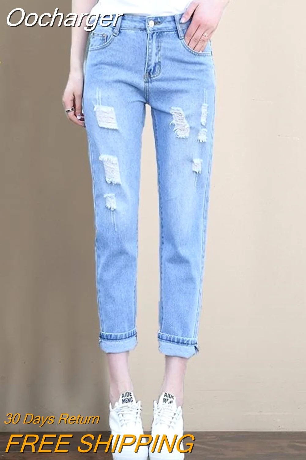 Oocharger Loose Korean High-waisted Female Student Jeans New Spring and Autumn All-match Slim Slim Beggar Harlan Cropped Pants