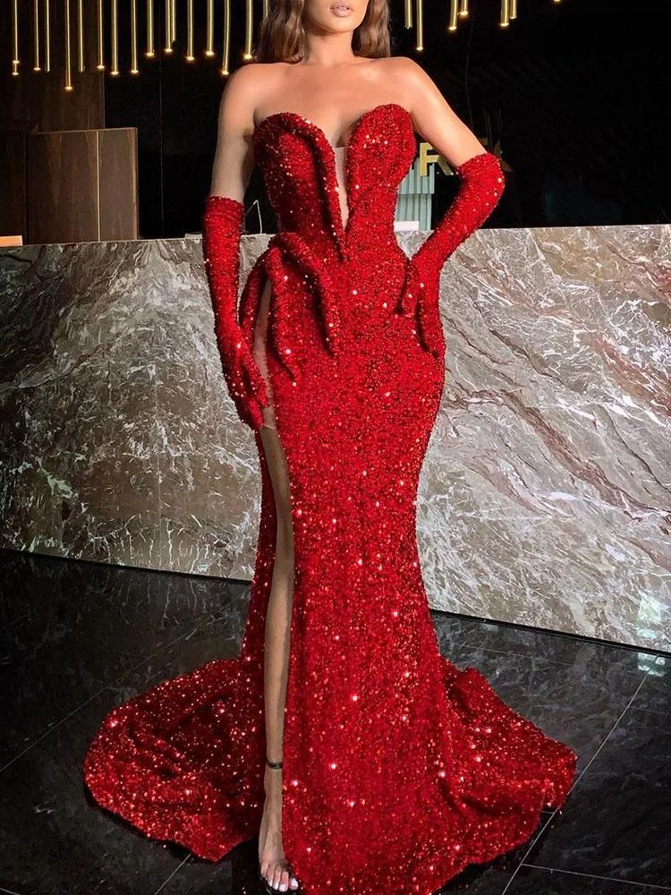 Promsstyle sweetheart collar slit back strap red sequin evening dress (gloves not included) Prom Dress 2023