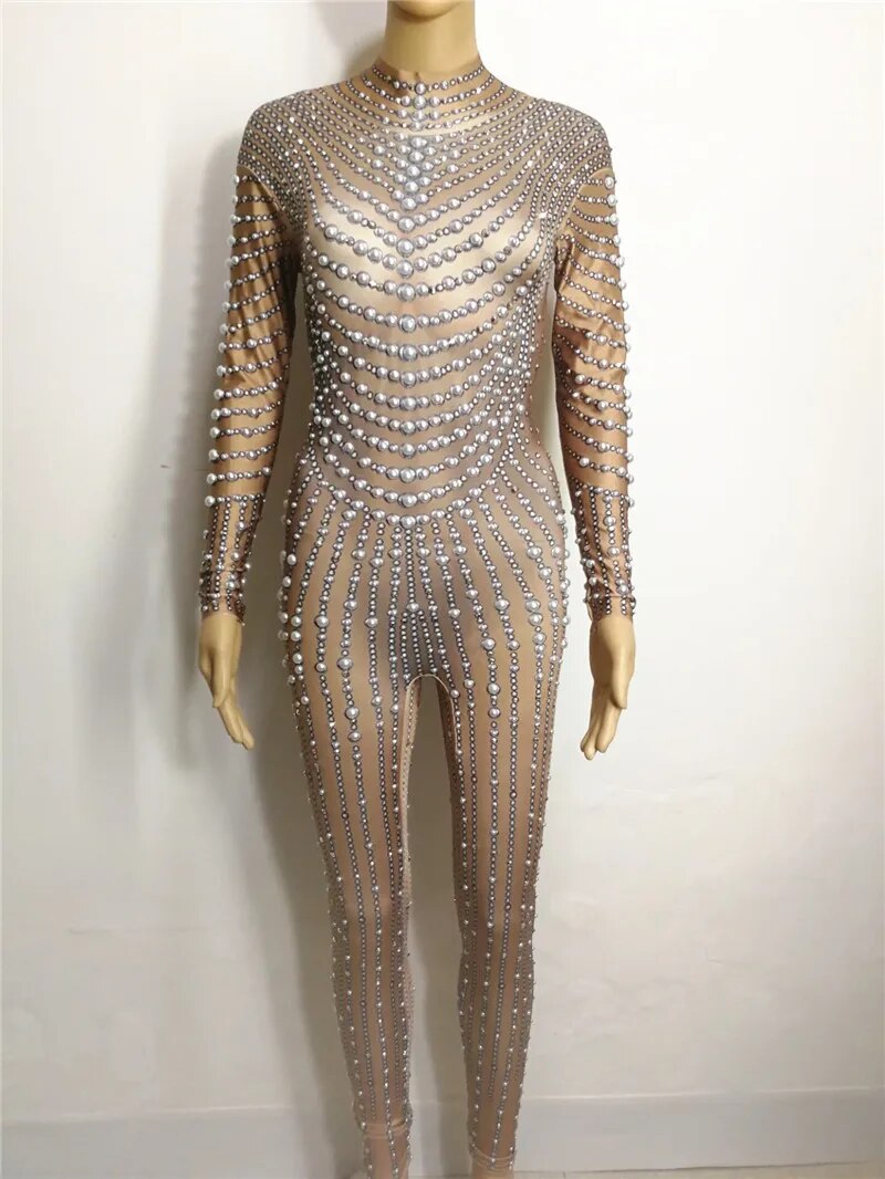 VCSHOES Stage Performance Pearl Rhinestones Leotard Women Black Nude Color Beads Skinny Jumpsuit Party Show Tights Dance Costume