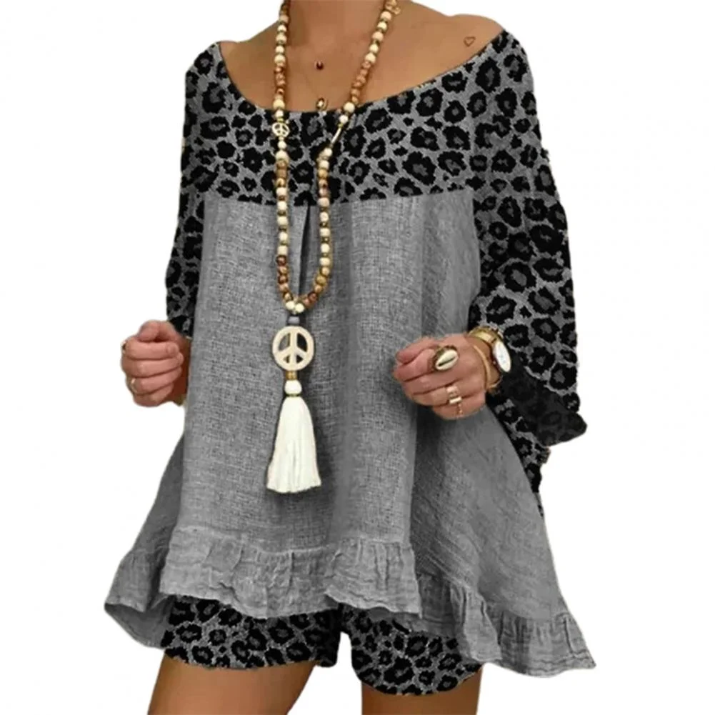 Women Outfit Casual 3/4 Sleeve Leopard Patchwork O Neck Loose T-shirt Shorts Loose Summer Elegant Women Matching Set