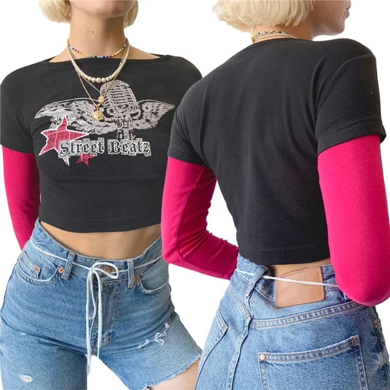 Xingqing Harajuku Graphic Tees E-girl Tops Letter Print Cute T-shirts Y2K Women Vintage 90s Aesthetic Patchwork Long Sleeve