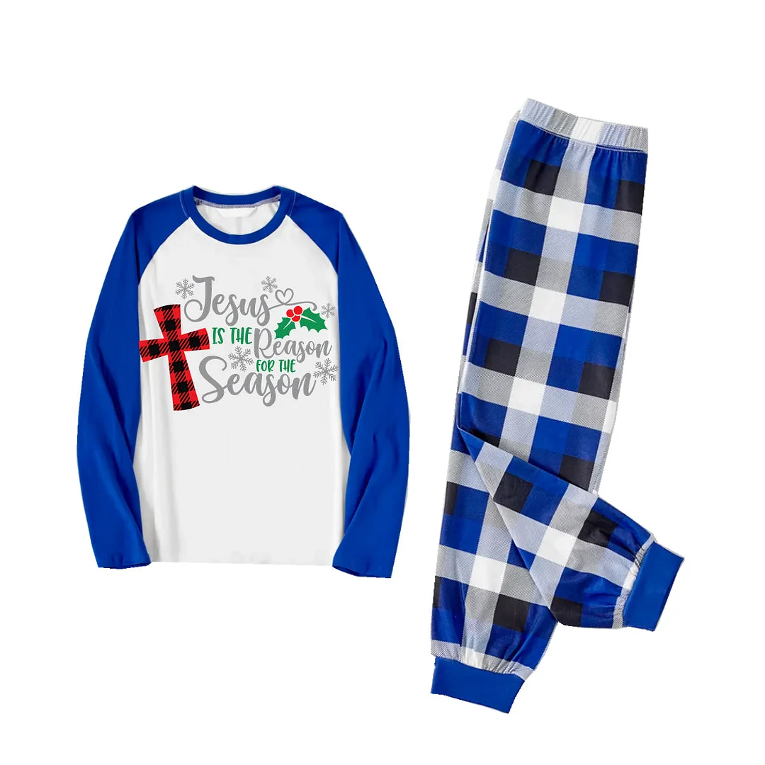 Christmas "Jesus is the Reason of the Season" Letter Print Patterned Blue and White Raglan Sleeves with Blue&White&Black Plaid Pants Family Matching Pajamas