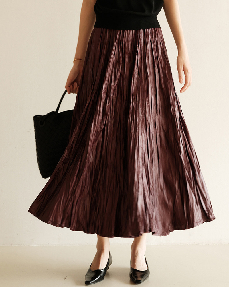Pleated Solid Color High Waist Midi Skirt