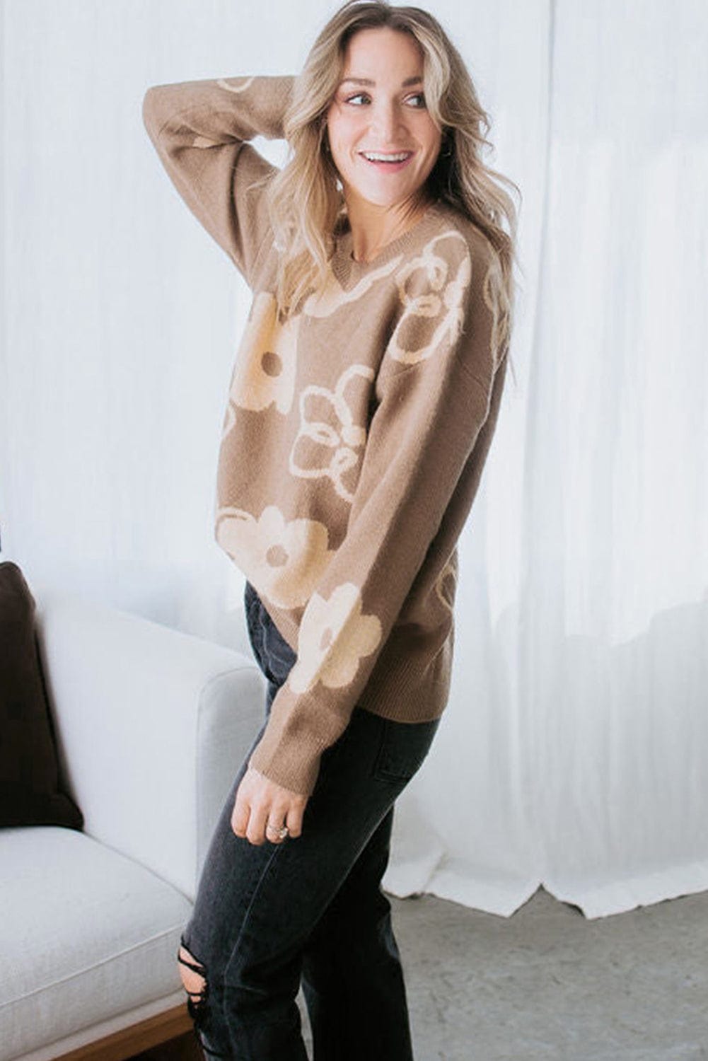 Cozy Camel Floral Knit Sweater with Drop Shoulder Detail