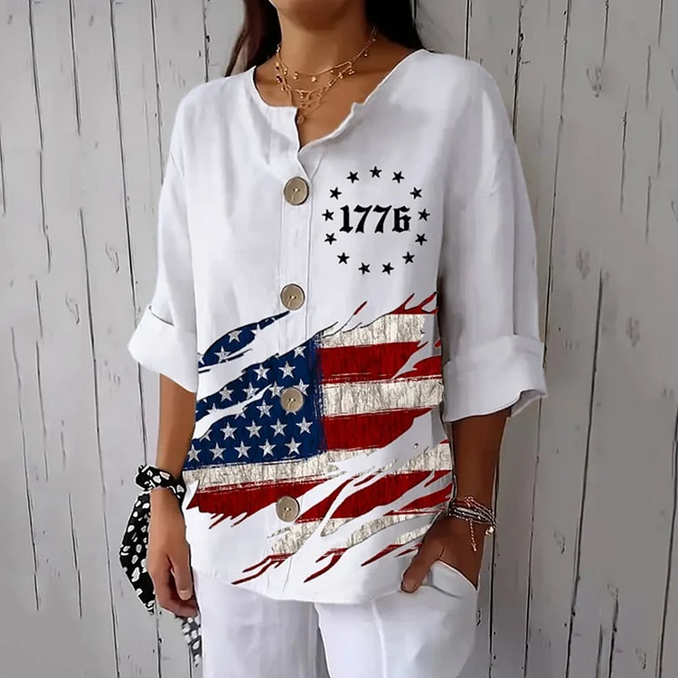 Women's Independence Day Flag Print Button Linen Blend Shirt