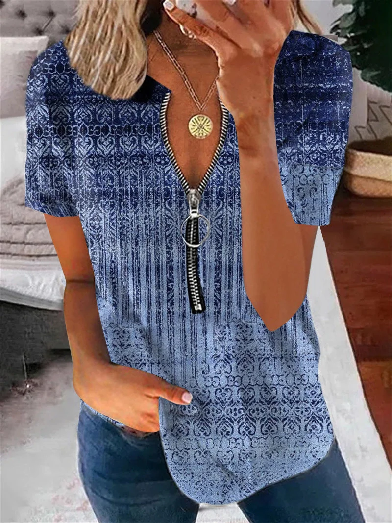 Women's Short Sleeve V-neck Graphic Printed Zipper Top