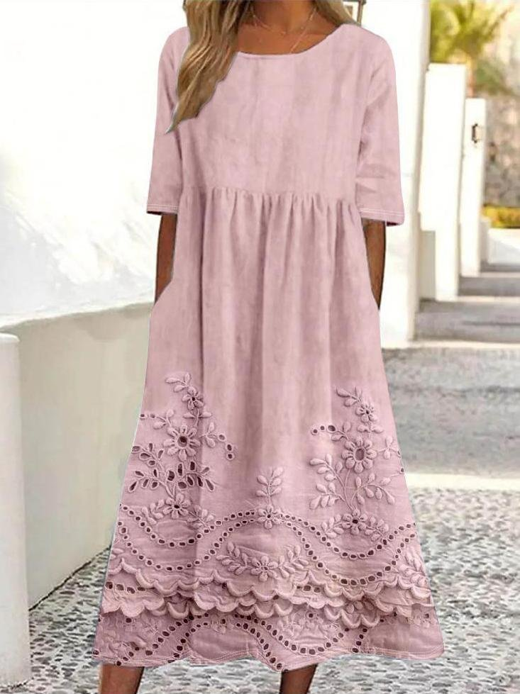 Vintage Lace Floral Print Round Neck Pocket Midi Dress