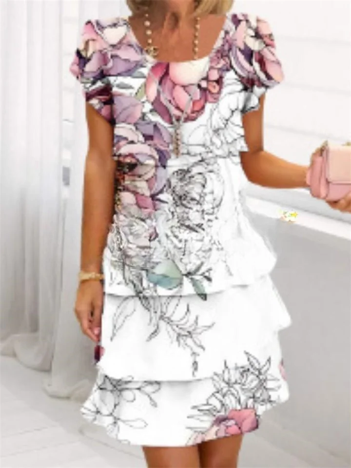 Women's Round Neck Short Sleeve 3D Printed Chiffon Dresses