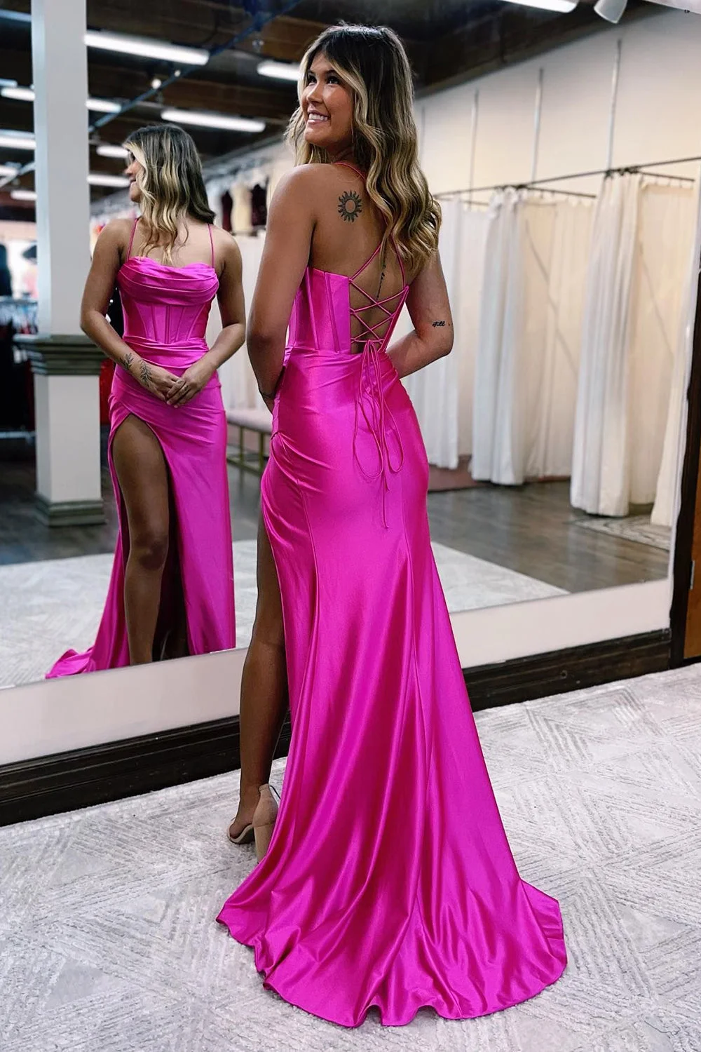 Hellymoon Women Hot Pink Spaghetti Straps Satin Mermaid Corset Prom Dress  with Slit