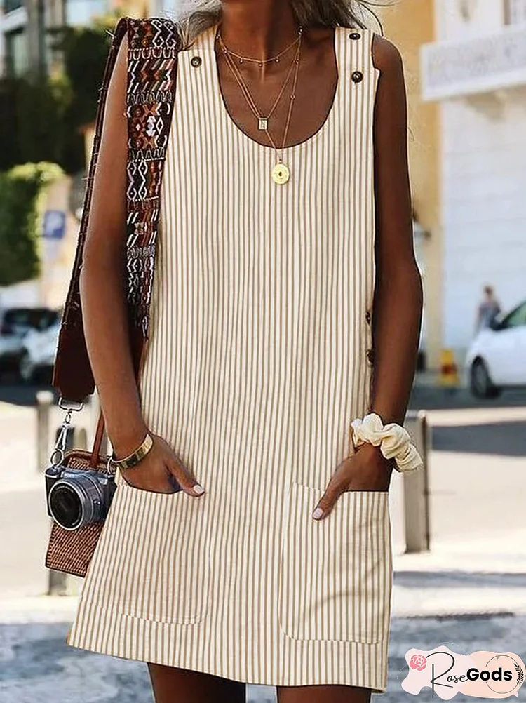 Women Crew Neck Shift Boho Pockets Striped Sleeveless Dress