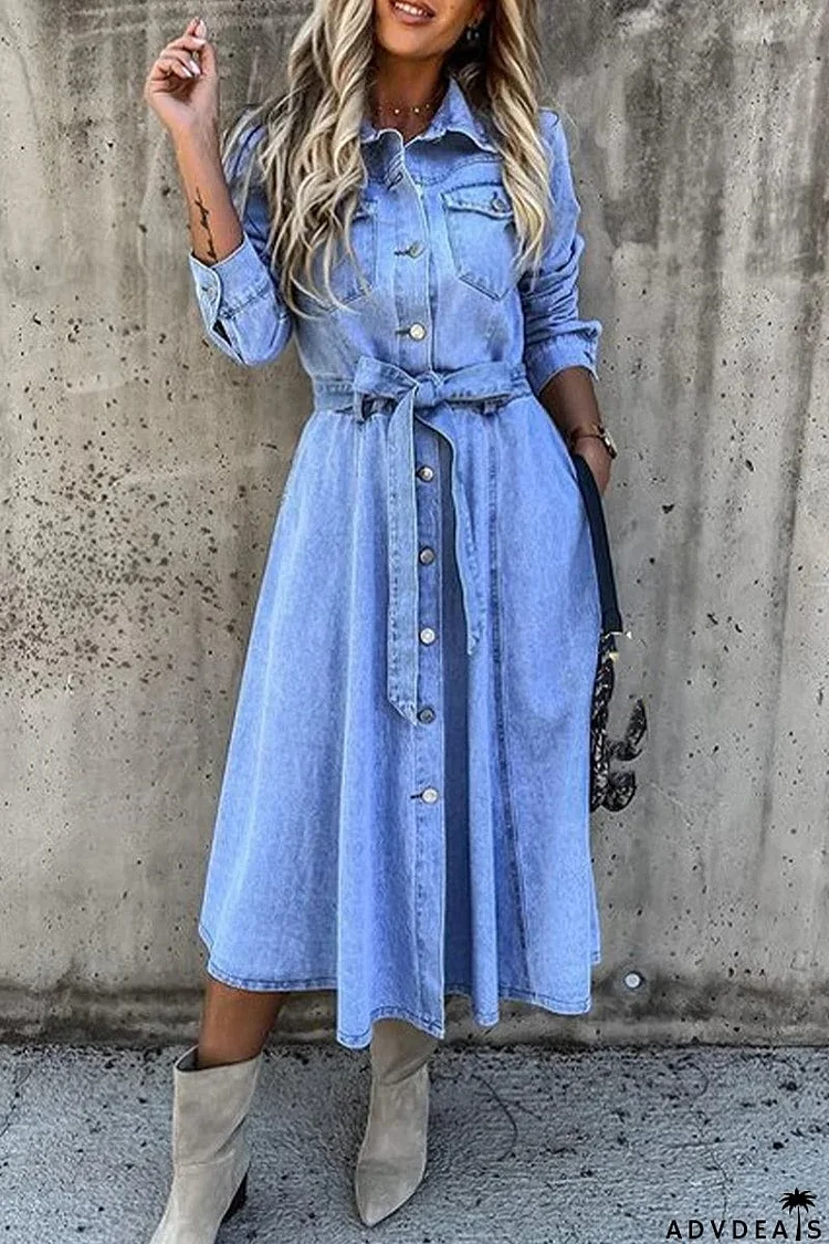 Work Elegant Solid Patchwork Pocket Frenulum Buckle Turndown Collar Long Sleeve High Waist Regular Denim Dresses