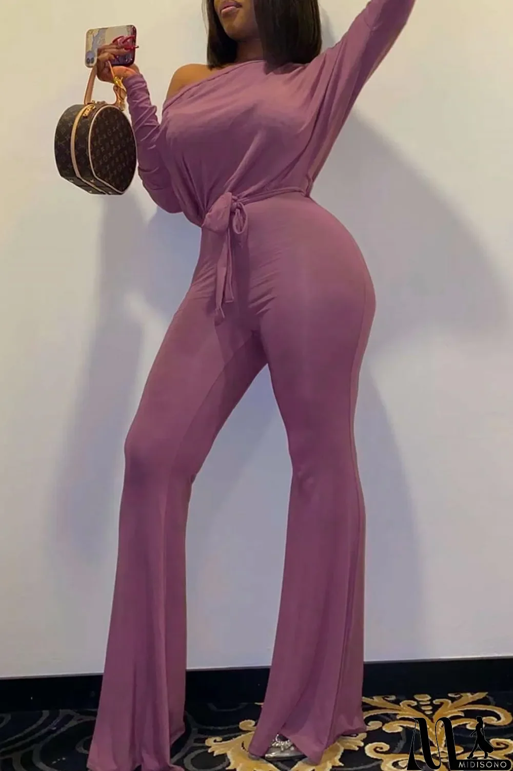 MidiSono - Purple Casual Solid Split Joint Oblique Collar Boot Cut Jumpsuits